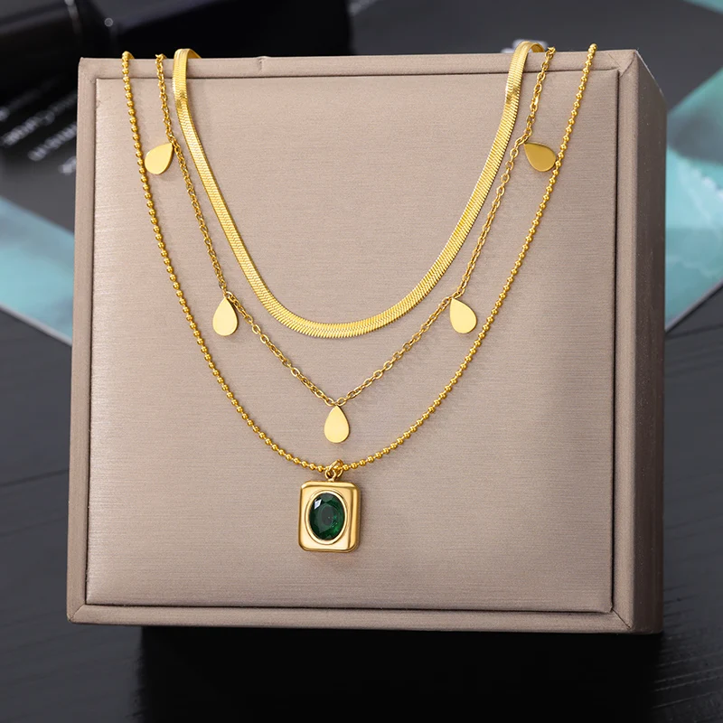 Multilayer Square Pendant Necklace – Gold Plated Stainless Steel Wedding Jewelry Gift