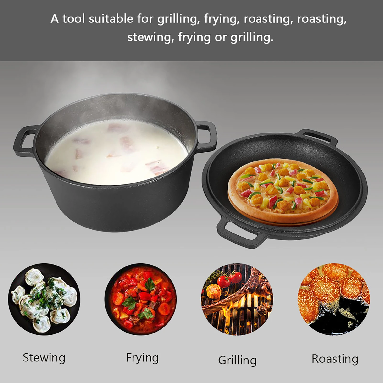 2-in-1 Seasoned Cast Iron Dutch Oven Combo Cooker – Skillet Lid, 3.2L - Image 3