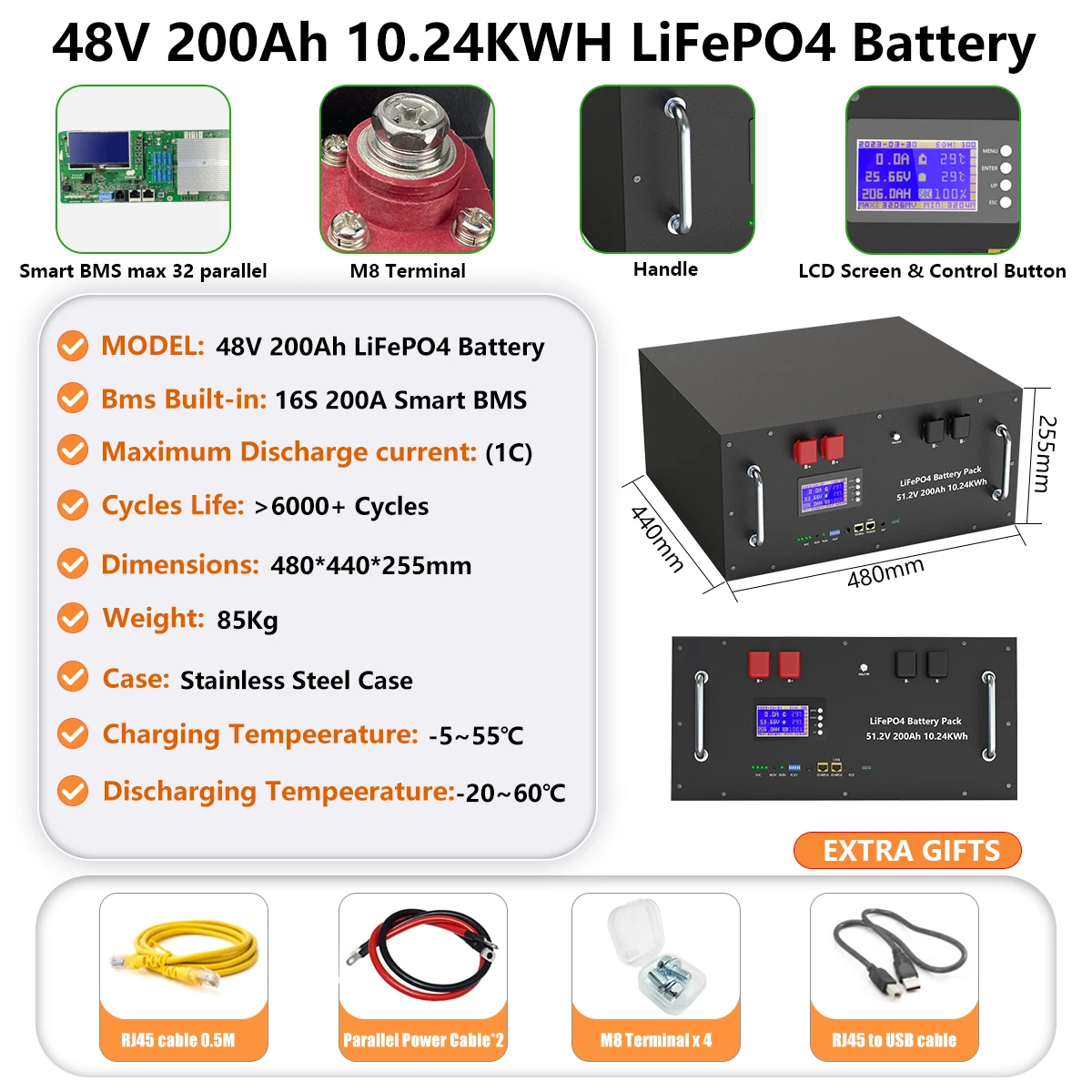 48V 200AH 150AH 100AH LiFePO4 Battery Pack 51.2V 10KW Lithium Solar Battery Rechargeable Battery 6000+ Cycles For Home Storage - Image 2