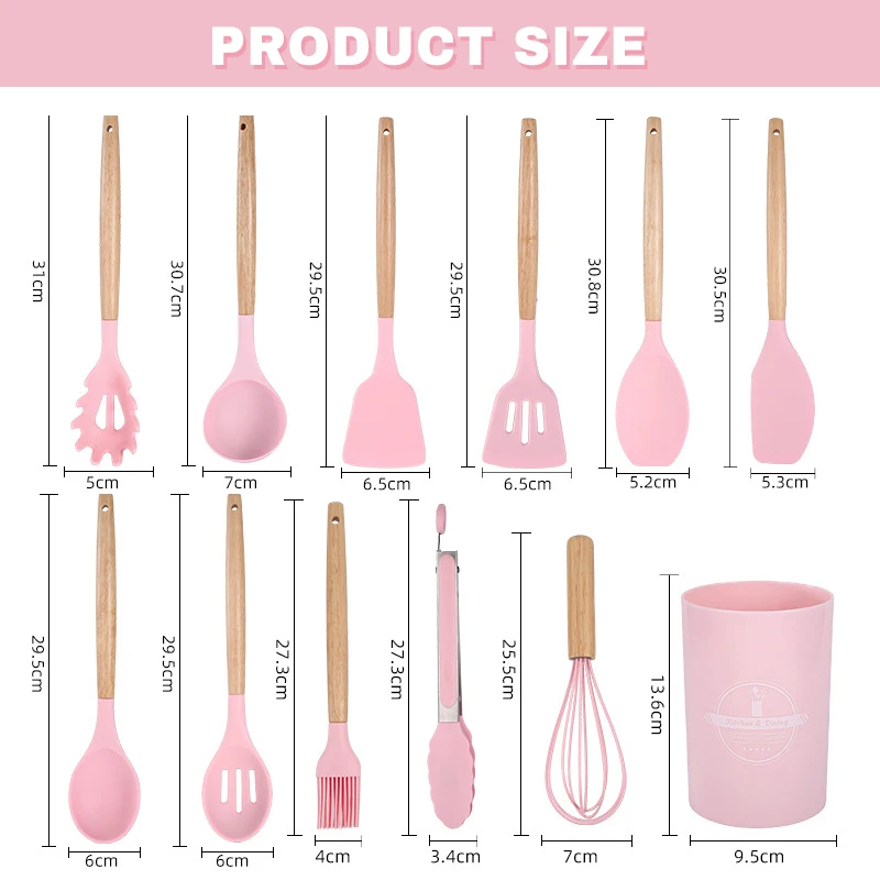 12PCS Silicone Cookware Set - Non-Stick Utensils with Wooden Handles for Cooking - Image 3