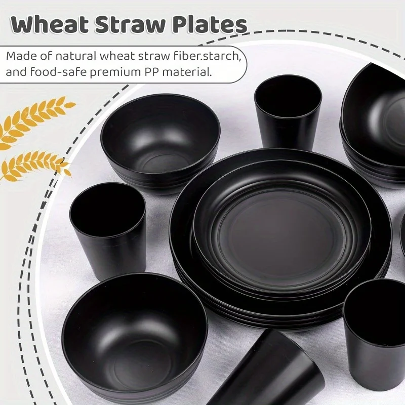 Valentine's Day 16-Pack Wheat Straw Dinner Plates & Reusable Cutlery Set, Black
