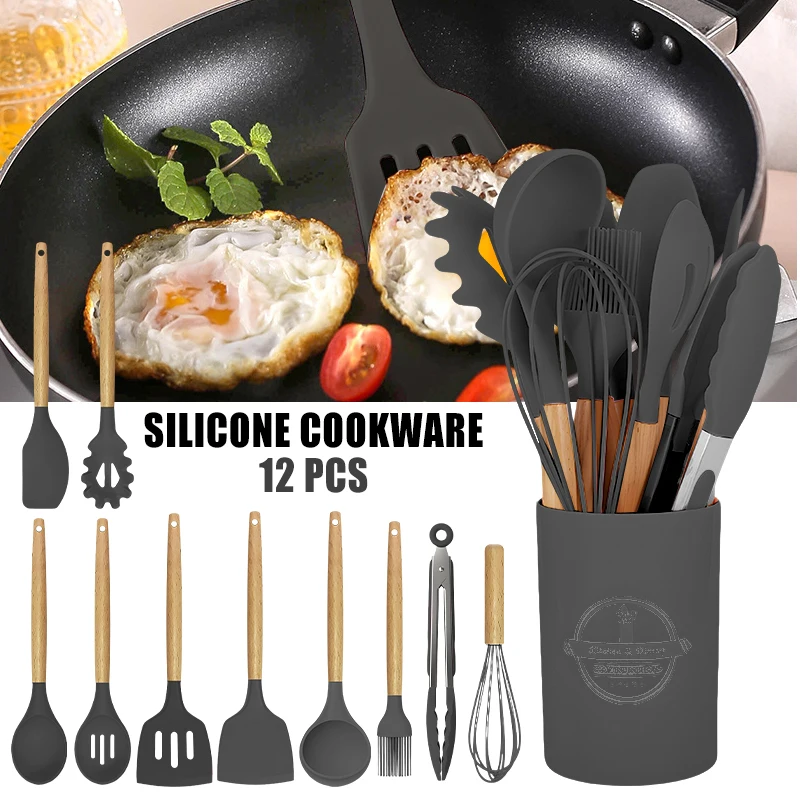 12-Piece Silicone Kitchen Utensils Set – Non-Stick Spatulas, Egg Beaters with Storage Bucket - Image 8