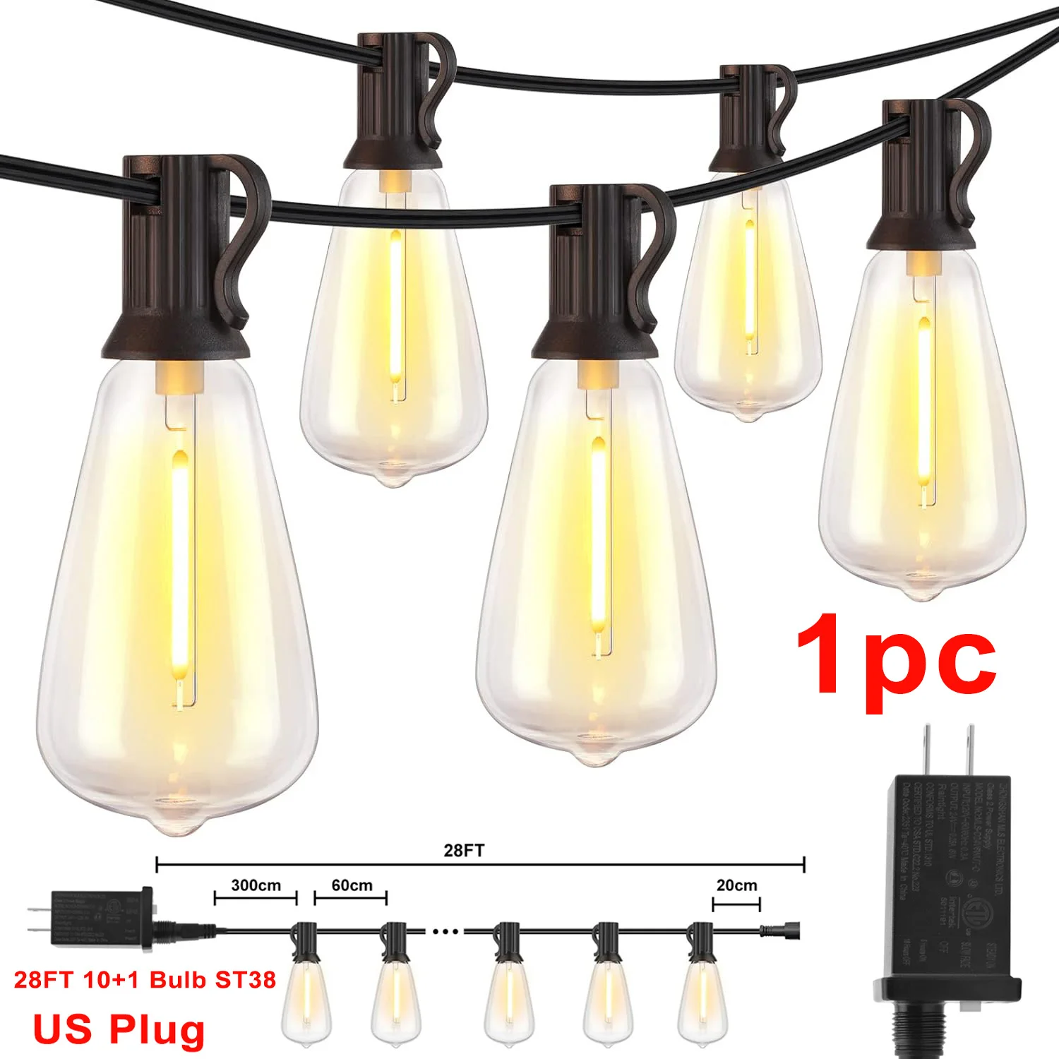 1/2/3pcs 28FT ST38 String Lights Outdoor, US Plug 10+1 LED Patio Lights Fairy Garden Lamp For Home Xmas New Year Party Halloween - Image 7