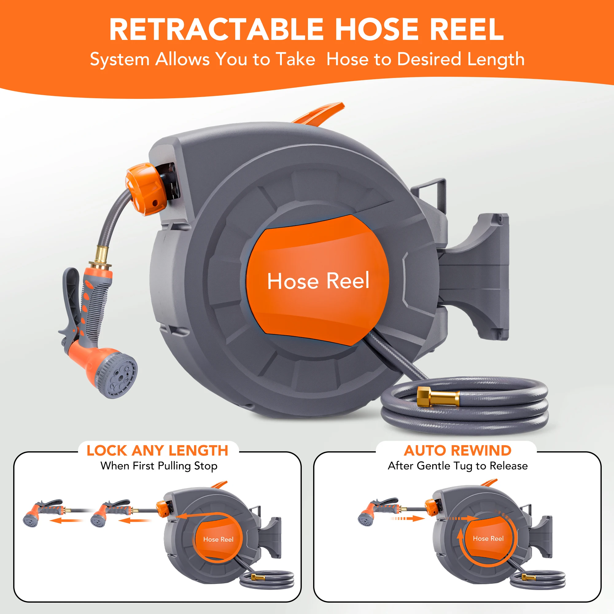 Retractable Garden Hose Reel 1/2" - Wall Mounted with 180° Swivel & Auto Rewind - Image 3
