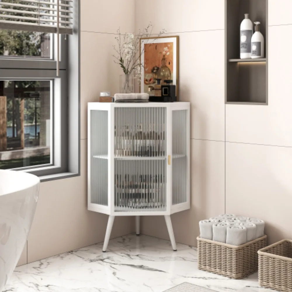 22.25" Floor Corner Cabinet with Tempered Glass Door & Storage Shelves – White for Bathroom, Living Room, Bedroom
