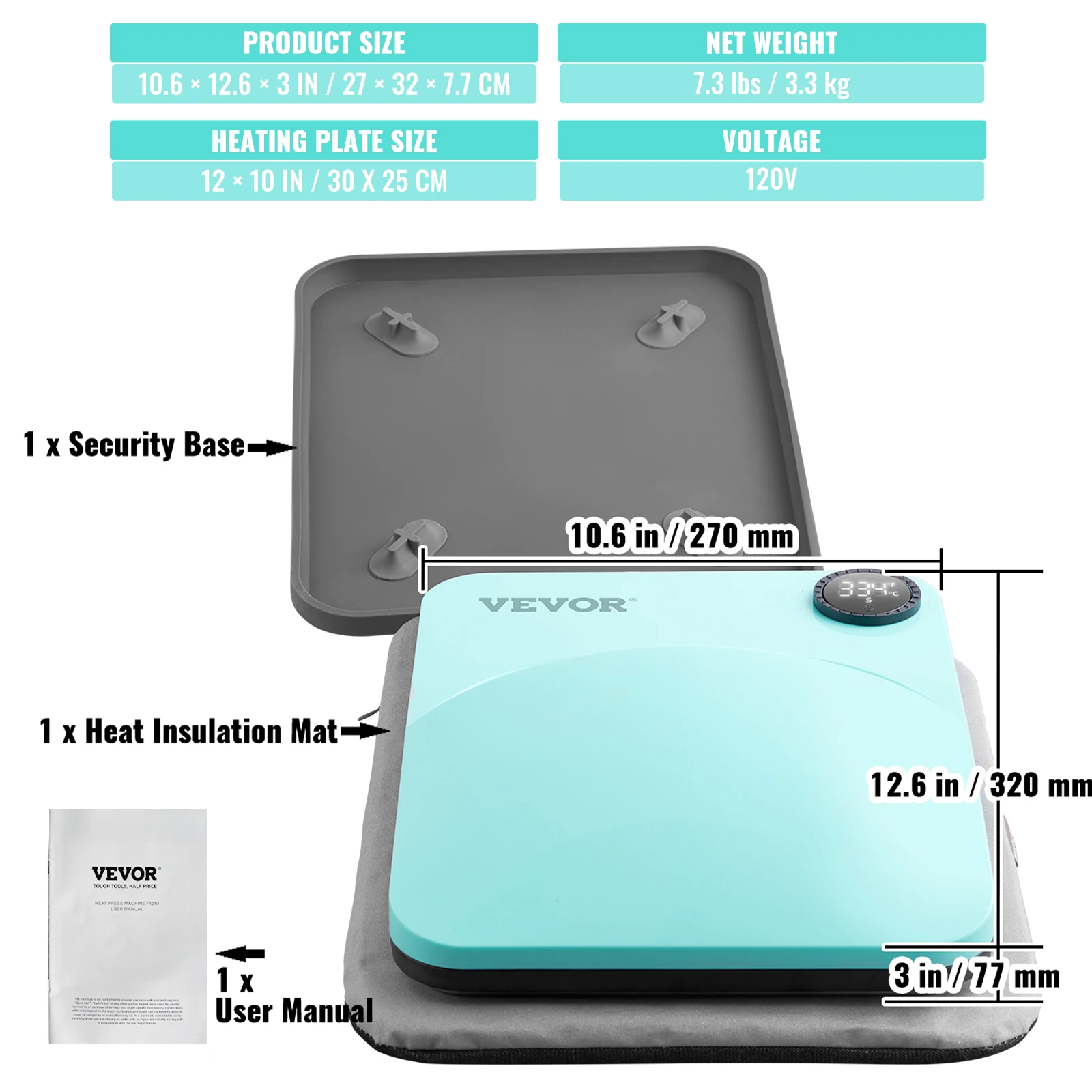 VEVOR 9x9/12x10 in Portable Heat Press Machine DIY Shirt Printing Multifunctional Sublimation Transfer for HTV Vinyl T-shirt Bag - Image 12