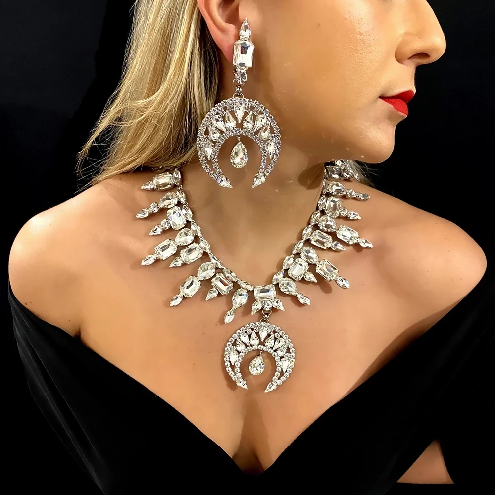 Stonefans Crystal Moon Pendant Necklace Earrings Set – Rhinestone Jewelry