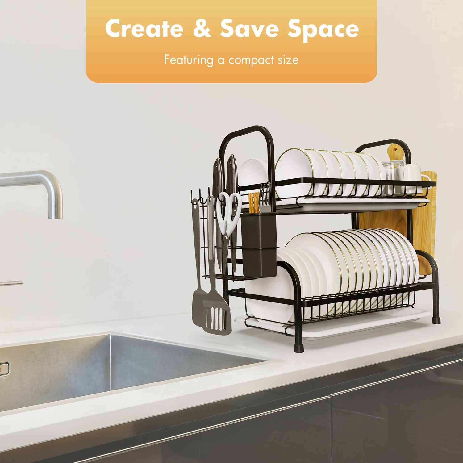 Compact 2‑Tier Dish Drying Rack with Drainboard & Utensil Holder - Image 4