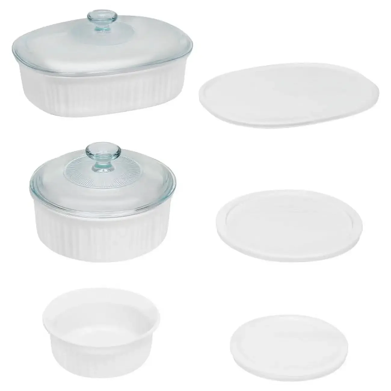 French White 8-Piece Ceramic Stoneware Casserole Set – Round & Oval with Glass & Plastic Lids