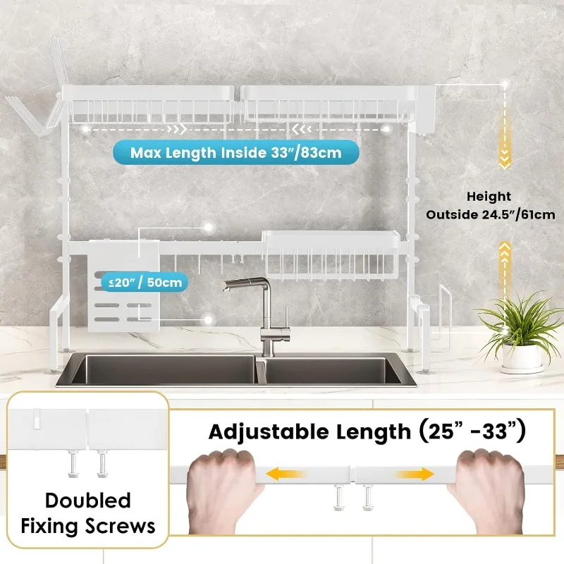 Over Sink Dish Drying Rack – Adjustable 25–33in, 2-Tier with Baskets & Utensil Holder - Image 2