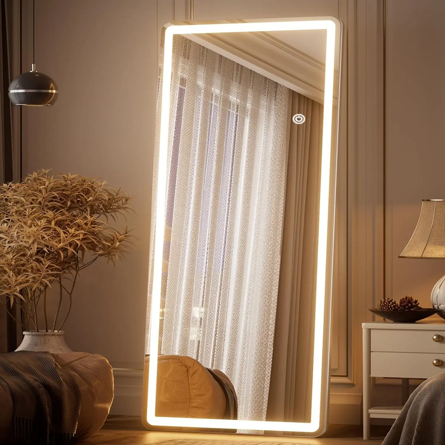 71 inch x 30 inch LED full-length mirror with rounded corners, bedroom/dressing room floor standing, tri color lighting, white - Image 8