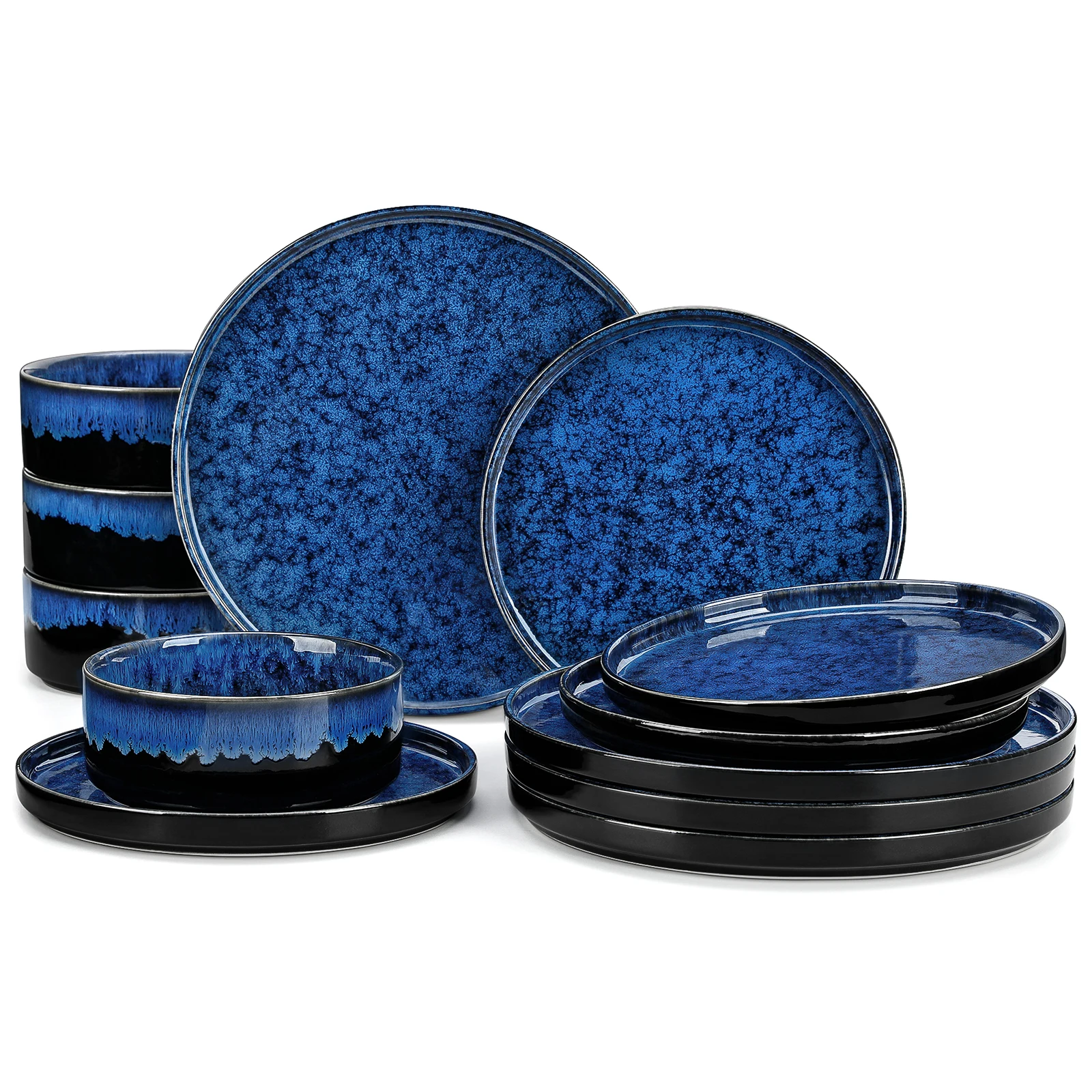 Vancasso 12/24/36-Piece Dinnerware Set - Black & Blue Reactive Glaze with Plates, Bowls & Desserts