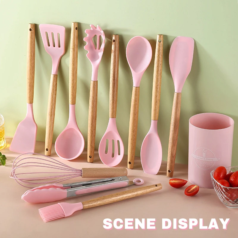 12PCS Silicone Cookware Set - Non-Stick Utensils with Wooden Handles for Cooking - Image 7