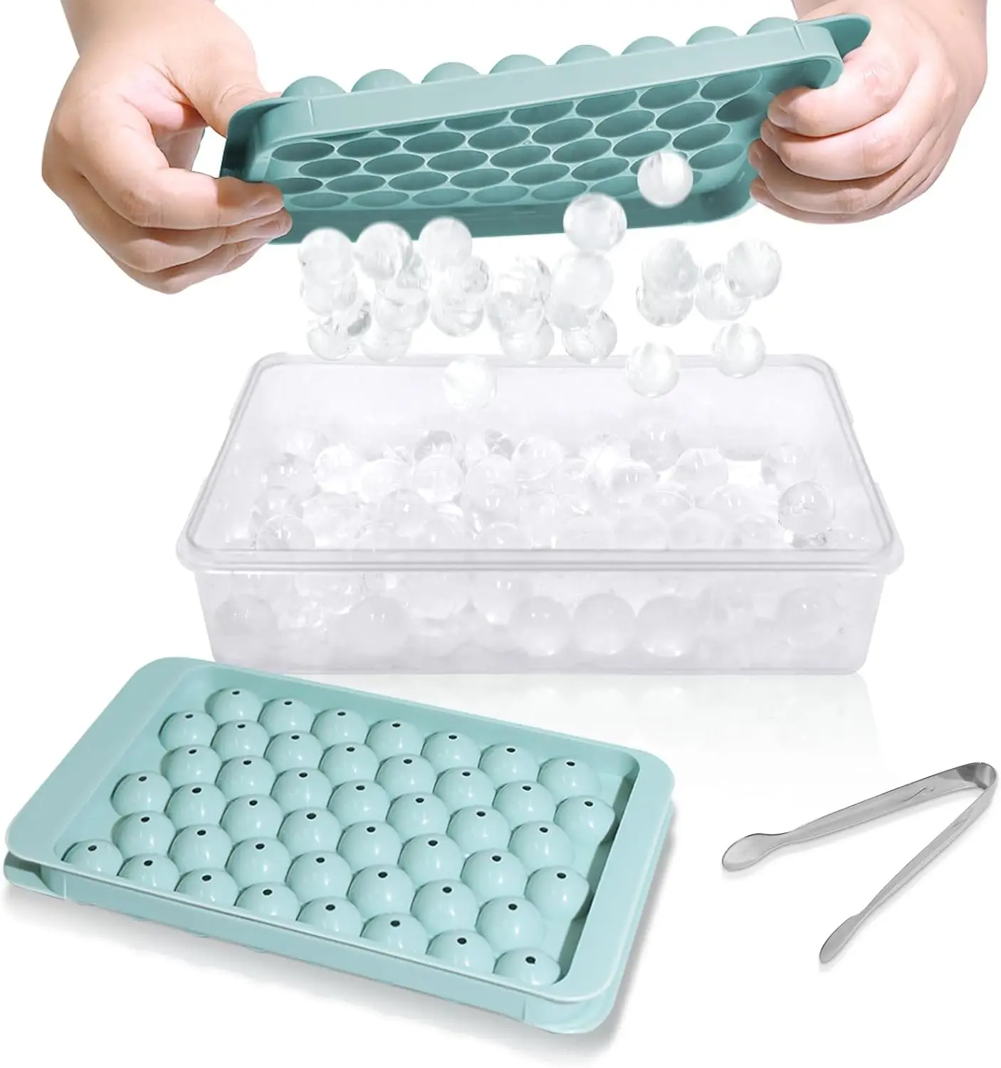 2-Piece Round Ice Cube Trays with Lid & Bin - Leakproof Silicone Molds, Includes Storage Container (0.8")