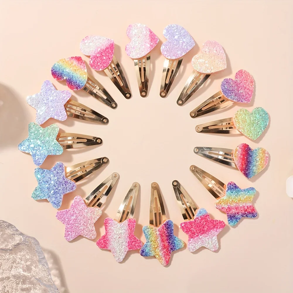 16-Piece Rainbow Glitter Bunny & Flower Hair Clip Set – Handmade Hairpins for Girls