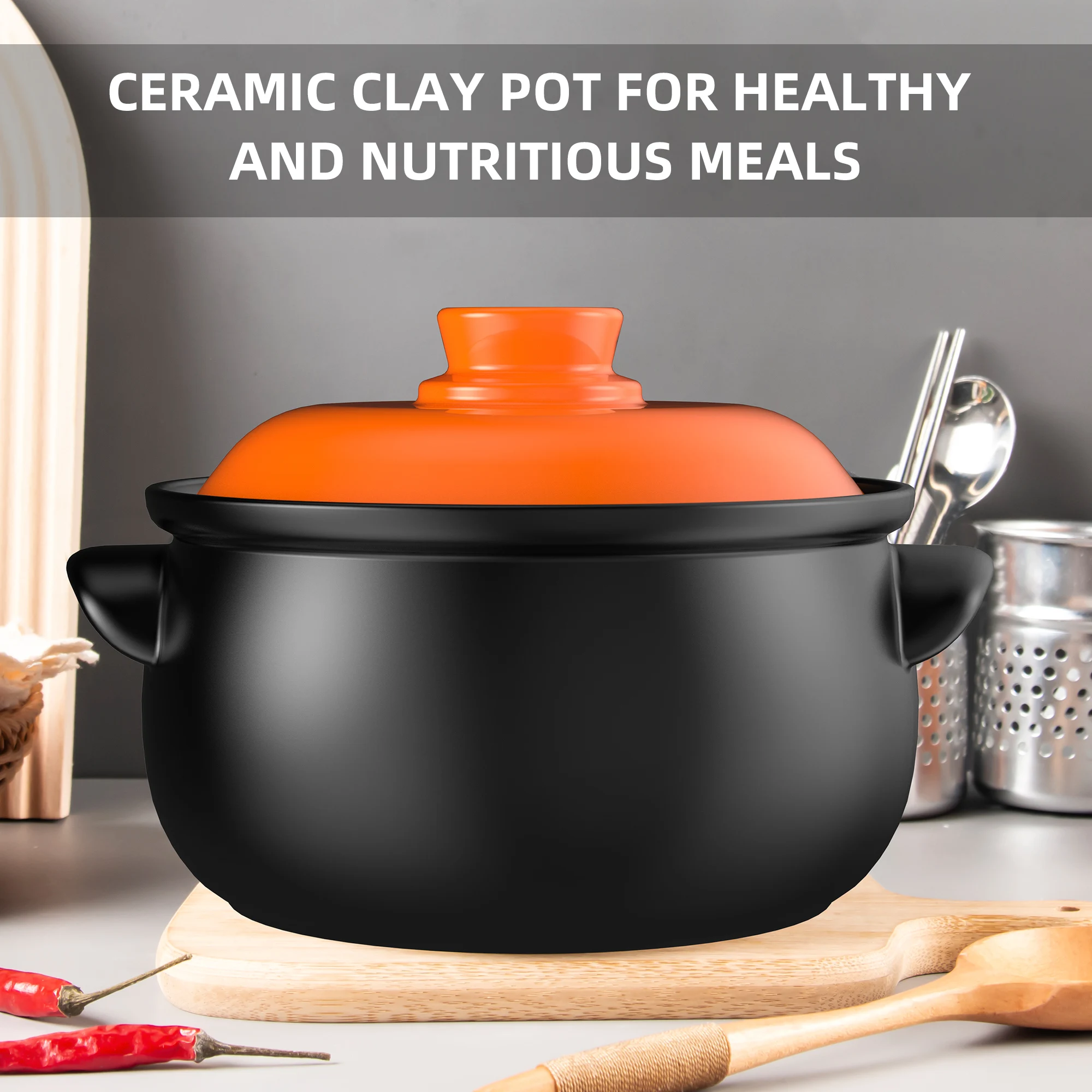 129oz Ceramic Clay Pot with Orange Lid – Heat-Resistant, Thermal Shock Proof, Oven Safe - Image 2