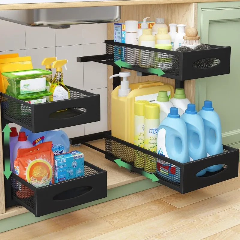 2-Pack Under Sink 2-Tier Pull-Out Organizer with Mesh Sliding Drawers – Cabinet Storage Shelves