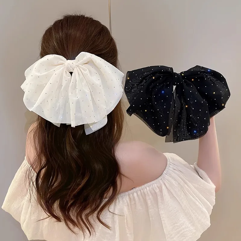Elegant Rhinestone Mesh Bow Duckbill Clip – Chic Hairpin for Women