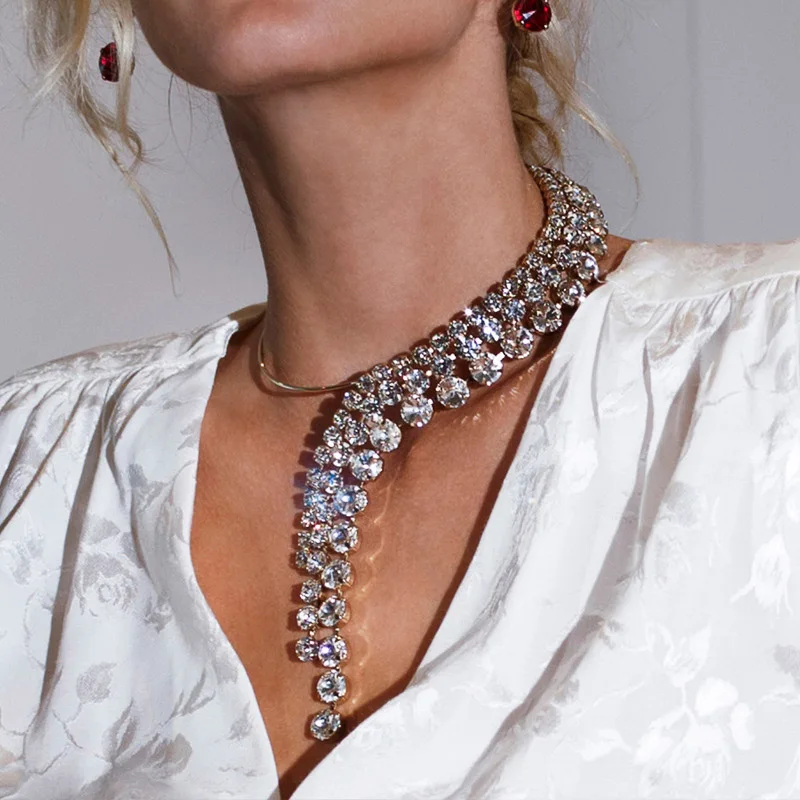 Exaggerated Rhinestone Collar Necklace – Multi-Layer Tassel Choker