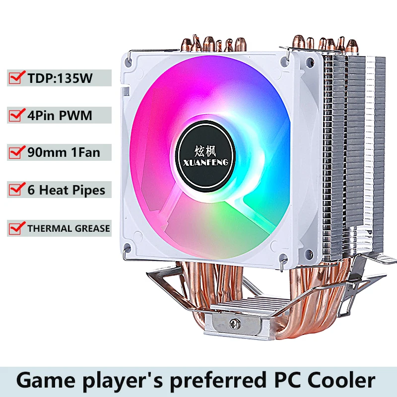 PC Air-Cooled Radiator CPU Fan with 2/4/6 Heat Pipes for Intel/AMD LGA