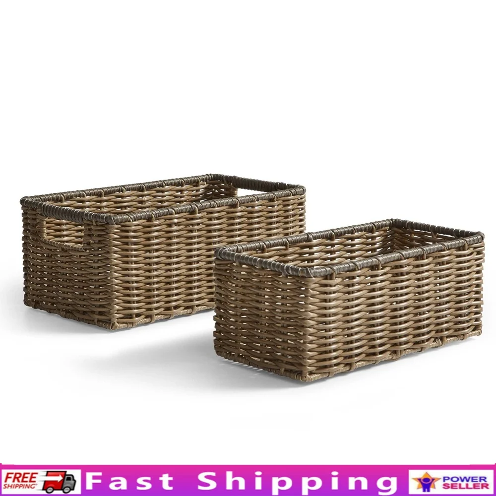 2-Piece Poly Rattan Storage Basket Set with Iron Frame & Cut-Out Handles