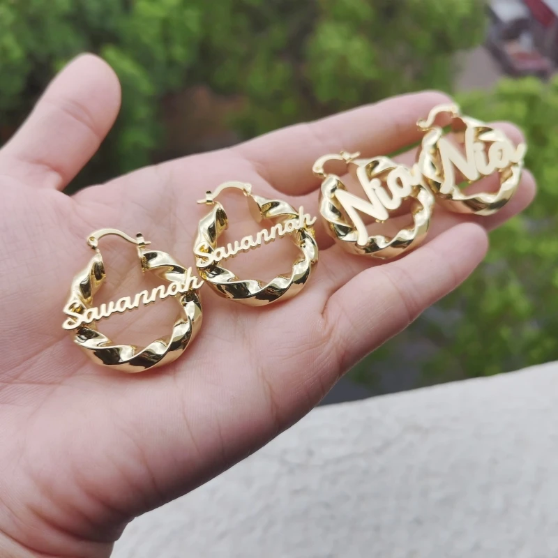 Custom Twist Hoop Nameplate Earrings – Personalized 30 mm Stainless Steel Gift for Girls