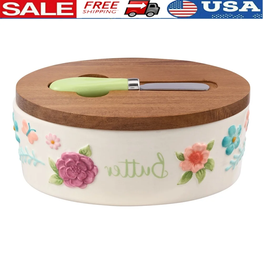 Painted Meadow Butter Dish Set - Acacia Wood Lid, Floral Embossed Stoneware with Knife