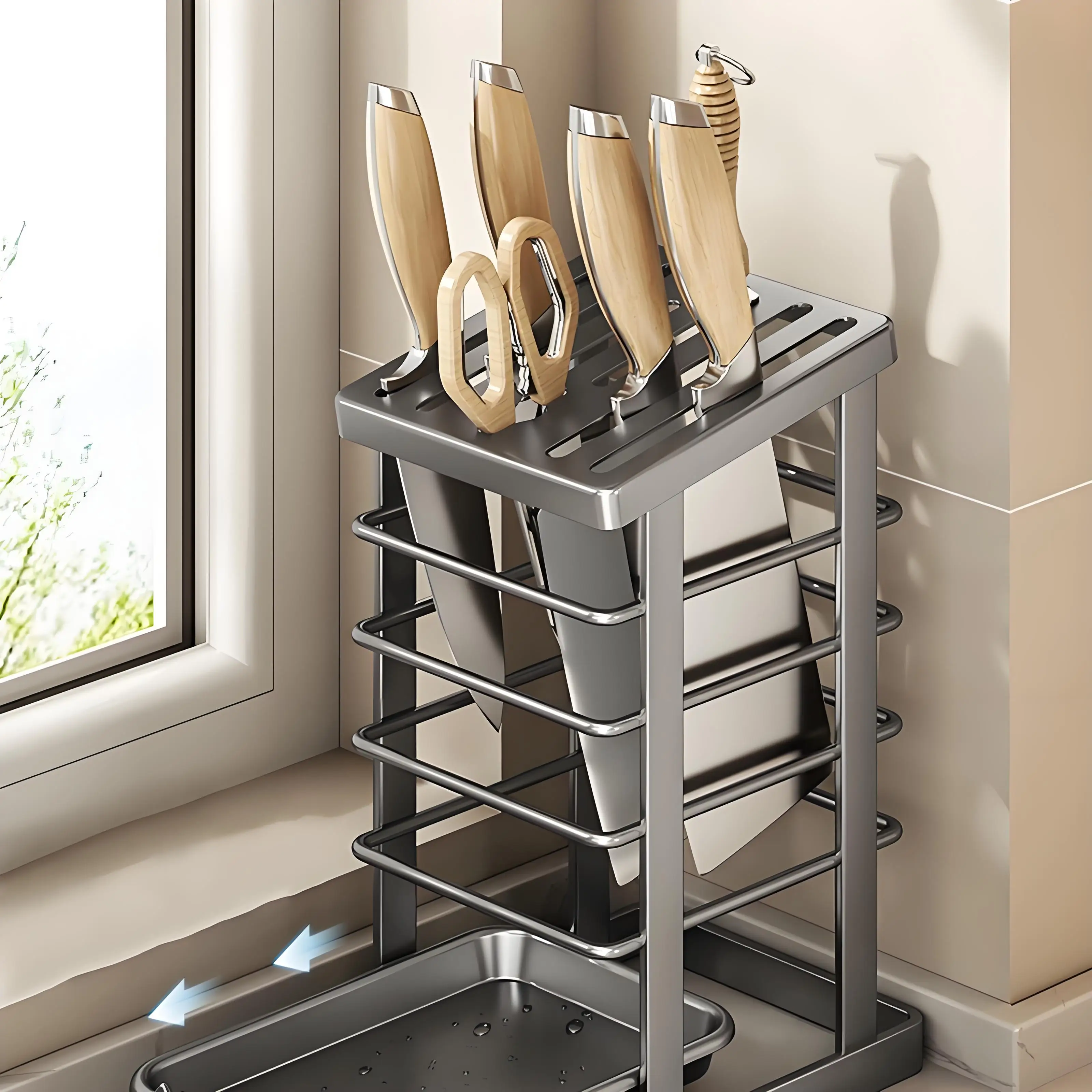 Stainless Steel Knife Holder with Tray – Large Chef Knife & Scissor Storage Rack - Image 2