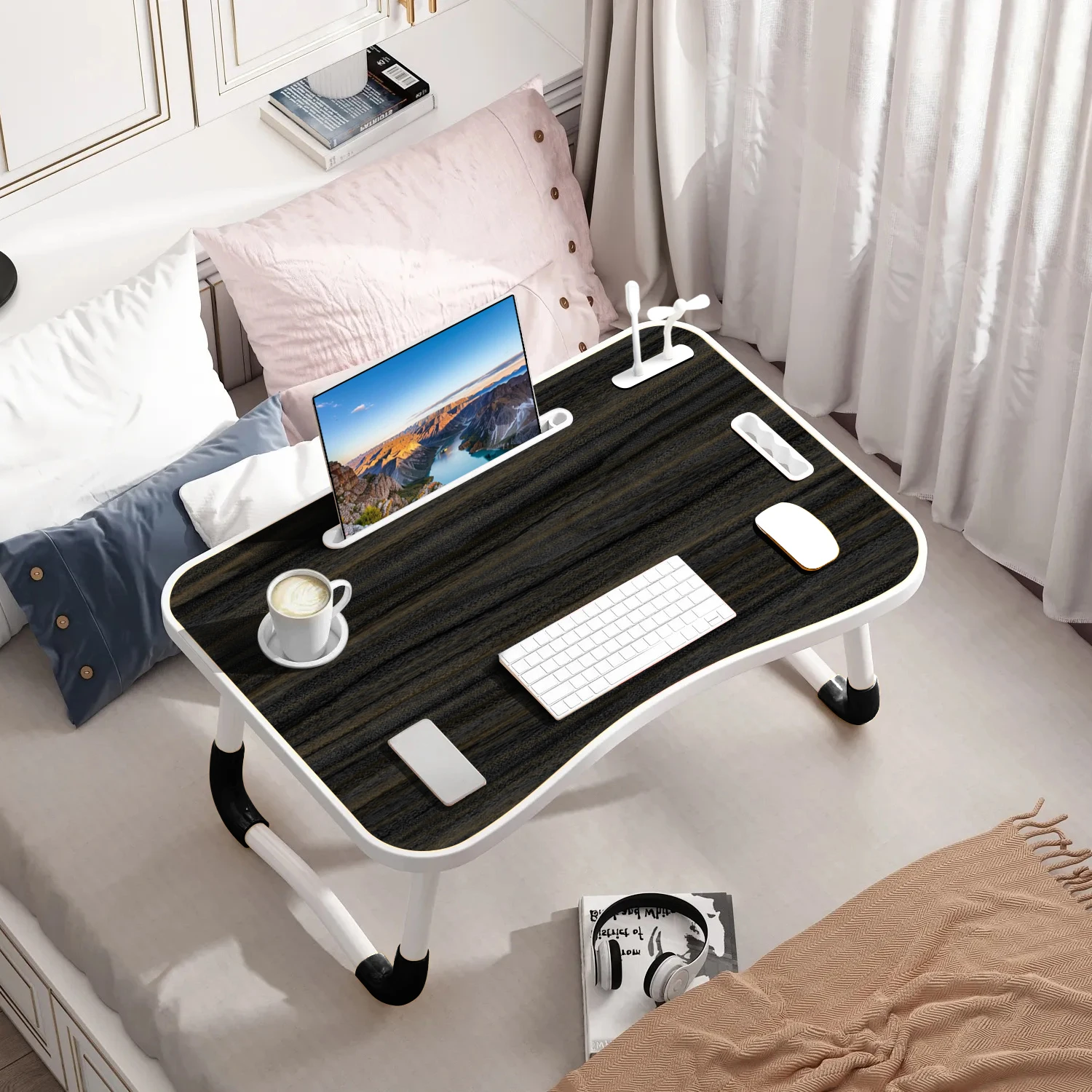 NEW 40x60cm portable folding table laptop table for office and home use with USB light, small fan, cup holder, tablet slot - Image 9
