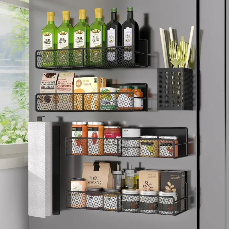 Magnetic Spice Rack for Refrigerator – 6‑Pack Black Metal Shelf Organizer