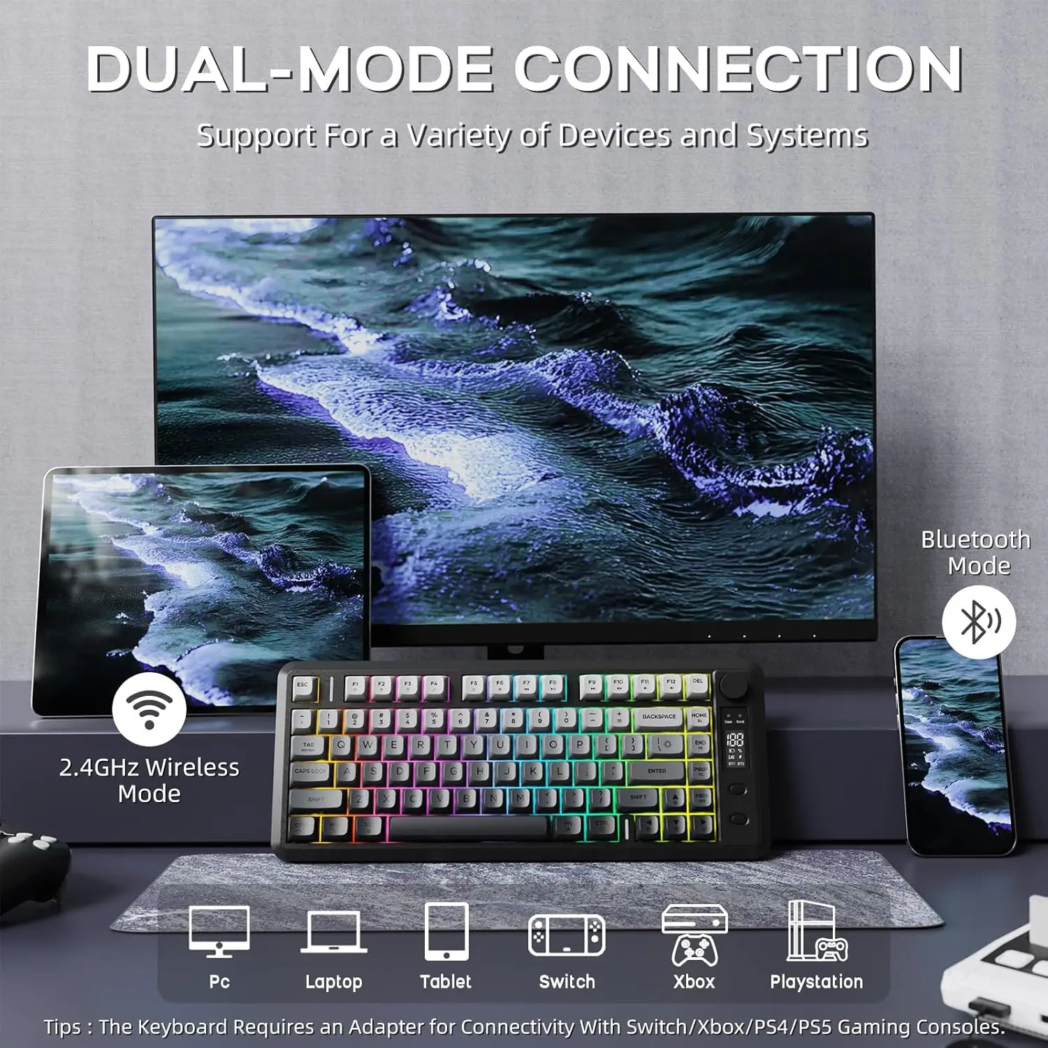 ATTACK SHARK M75 Wireless Membrane Gaming Keyboard with Knob&OLED Display Bluetooth/2.4Ghz Rainbow Backlit Gradient PBT Keycaps - Image 2