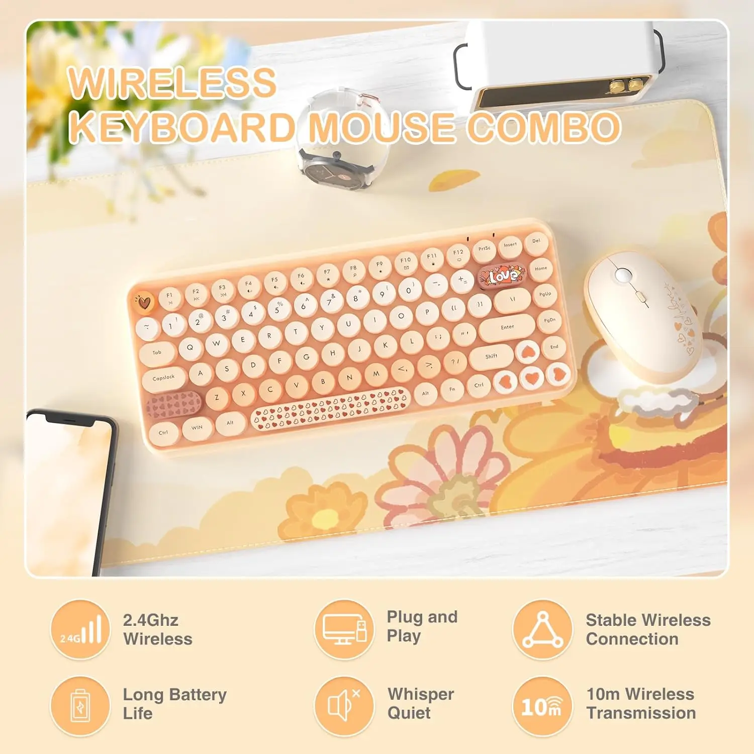 308i Pink Wireless 2.4G Keyboard and Mouse Set, Gradient Cute Round Keycaps for Retro Typewriter - Image 5