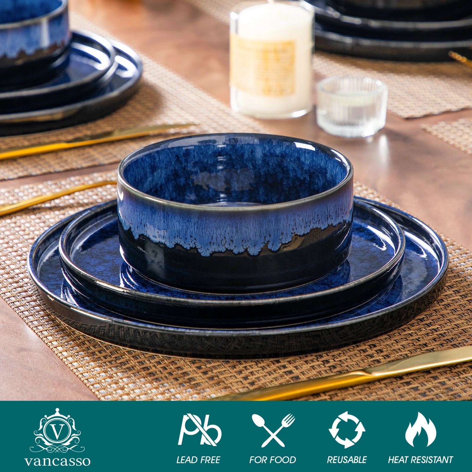 Vancasso 12/24/36-Piece Dinnerware Set - Black & Blue Reactive Glaze with Plates, Bowls & Desserts - Image 3