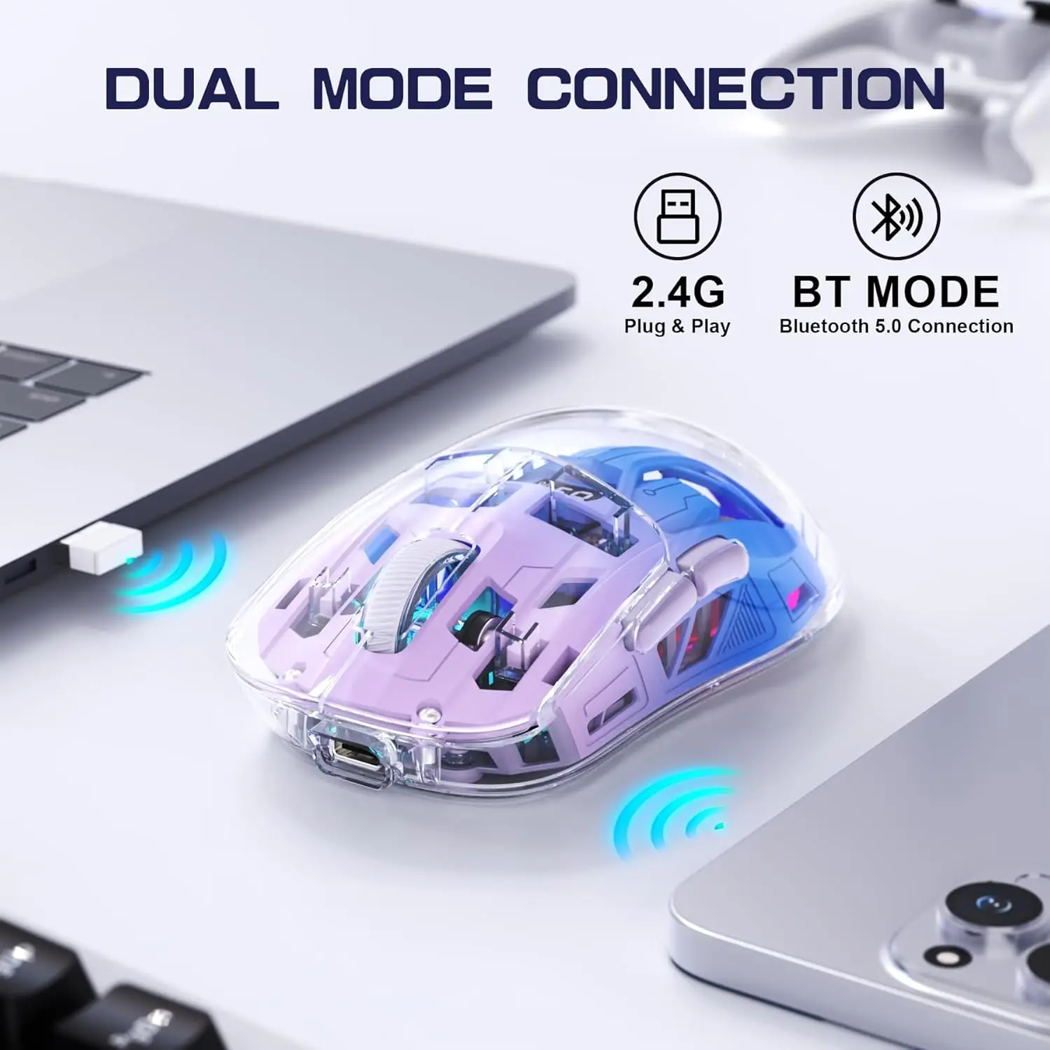 A2 Transparent Wireless Gaming Mouse, BT 5.0, RGB, 5 DPI, PixArt 3212 - Image 2