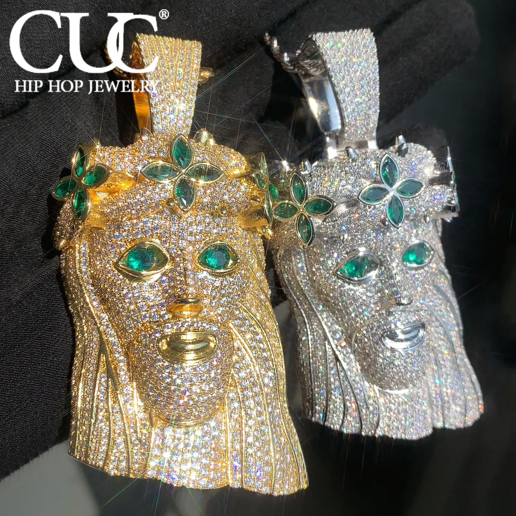 CUC Green Jesus Head Pendant Men Hip Hop Necklace AAAA Baguette Zircon Gold Silver Jewelry Gift