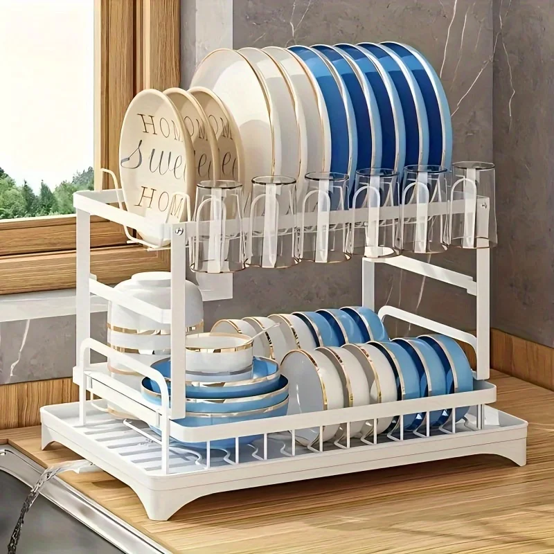 2-Tier Multifunctional Dish Drying Rack with Drainboard & Utensil Holder – Space-Saving Kitchen Organizer - Image 6