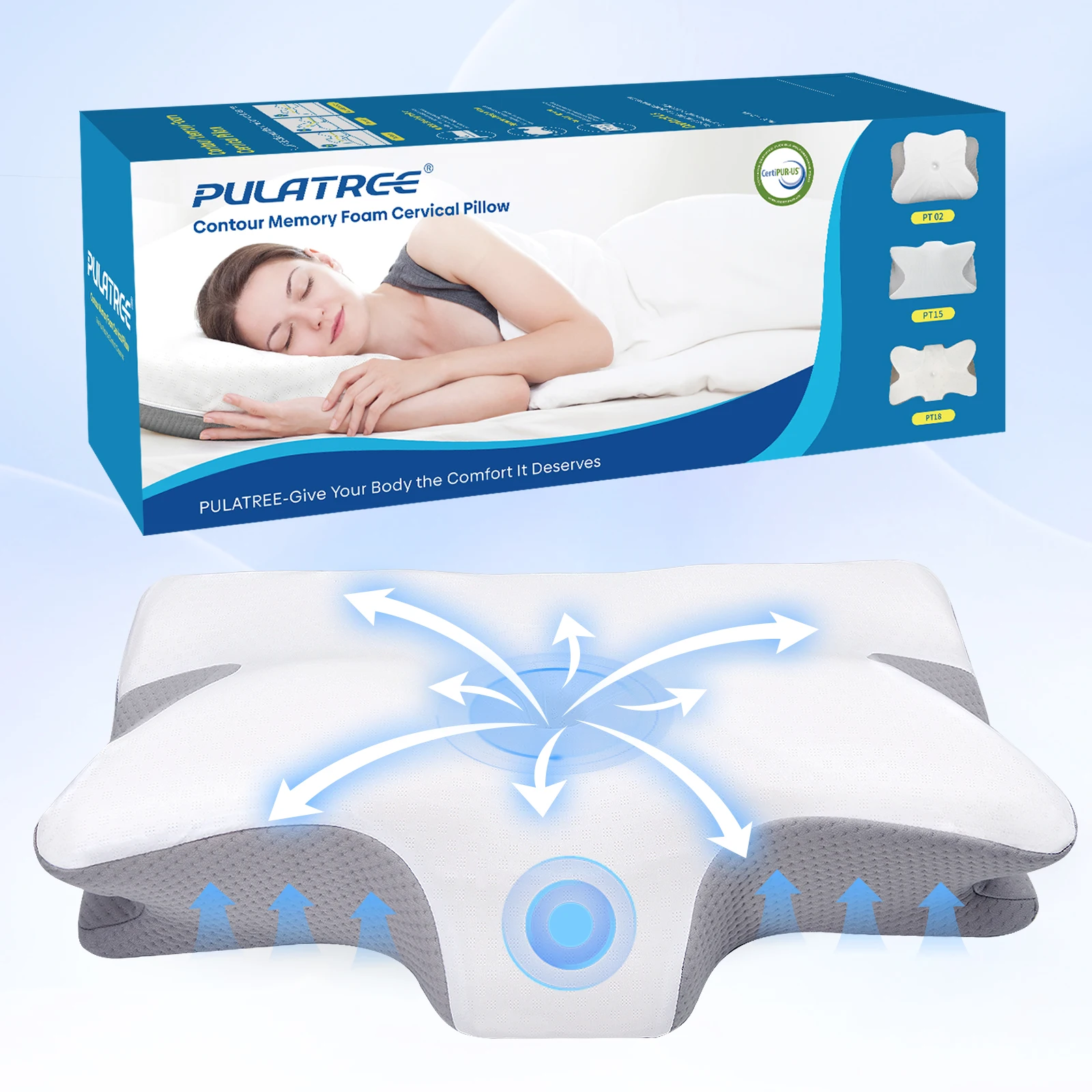 Pulatree Cervical Pillow for Neck & Shoulder Pain Relief, Ergonomic Memory Foam with Removable Pillowcase