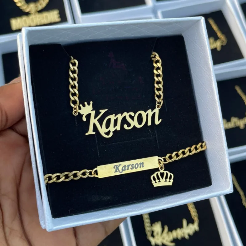 Custom Crown Name Necklace & Bracelet Set Stainless Steel Gold Heart Charm Jewelry Gift
