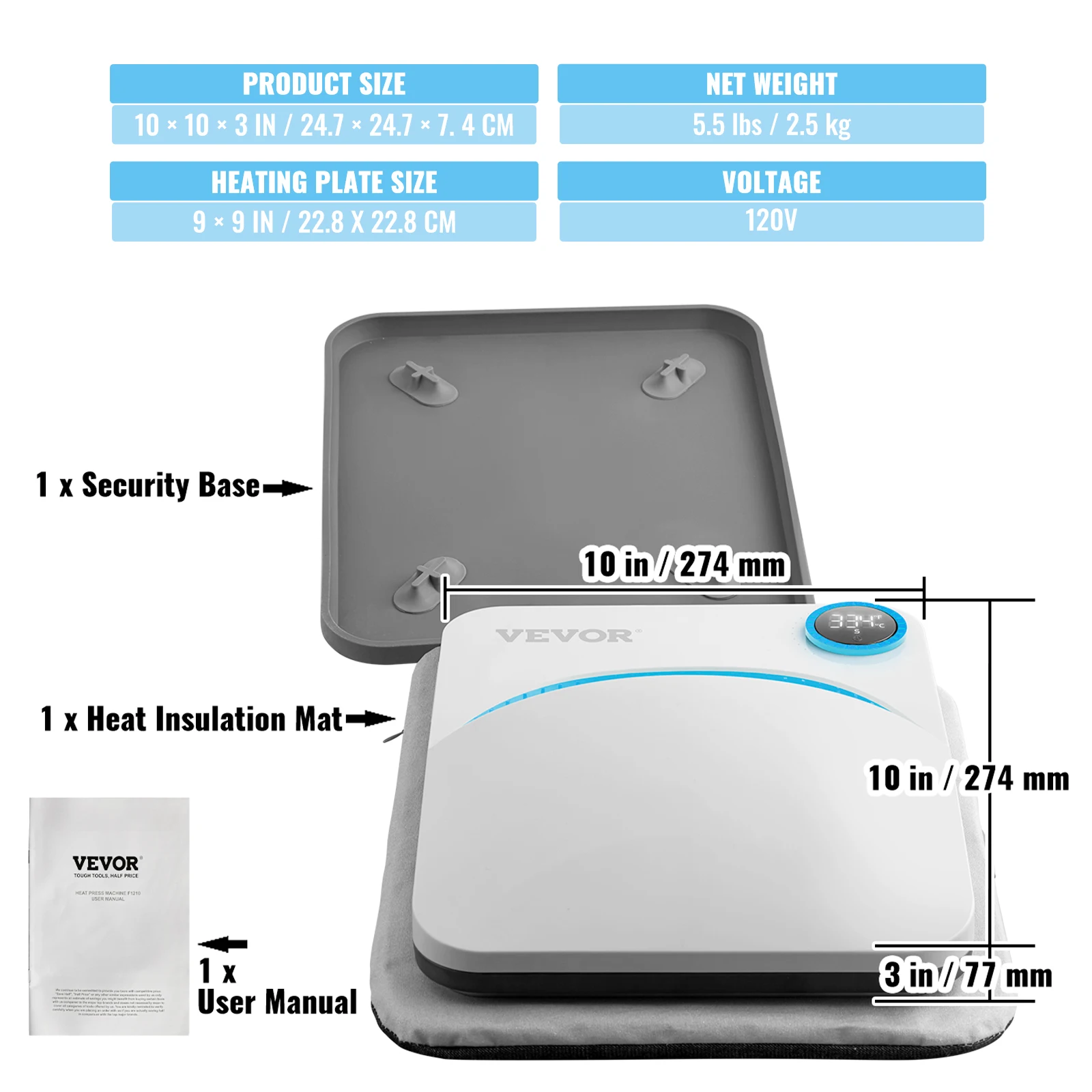 VEVOR 9x9/12x10 in Portable Heat Press Machine DIY Shirt Printing Multifunctional Sublimation Transfer for HTV Vinyl T-shirt Bag - Image 10