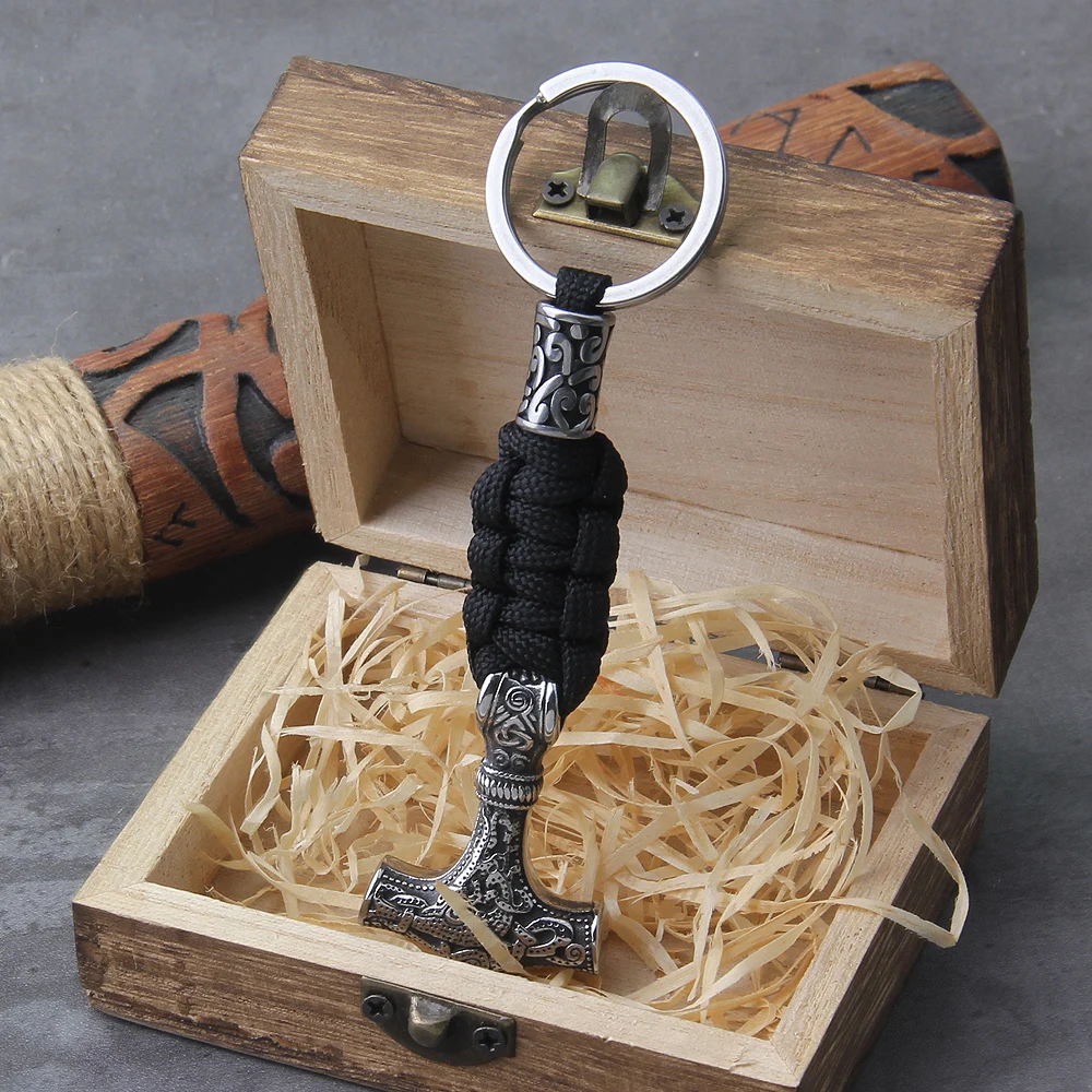 Thor's Hammer Pendant with Rune Beads Keychain in Wooden Gift Box - Image 7