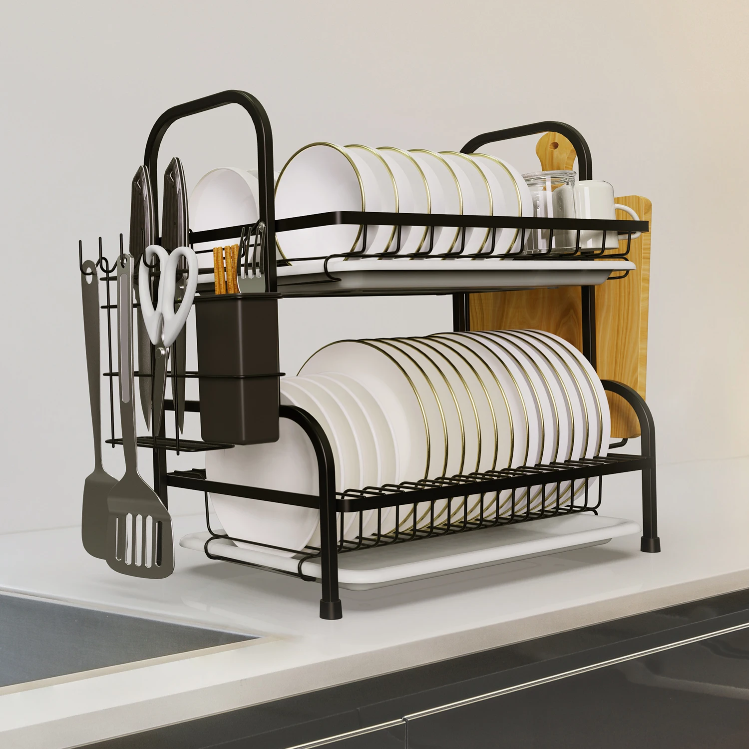 Compact 2‑Tier Dish Drying Rack with Drainboard & Utensil Holder