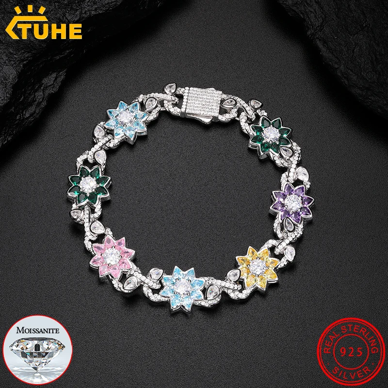 Moissanite Iced Out Necklace & Colorful Flower Bracelet Set – 18K Gold Plated Hip Hop Jewelry