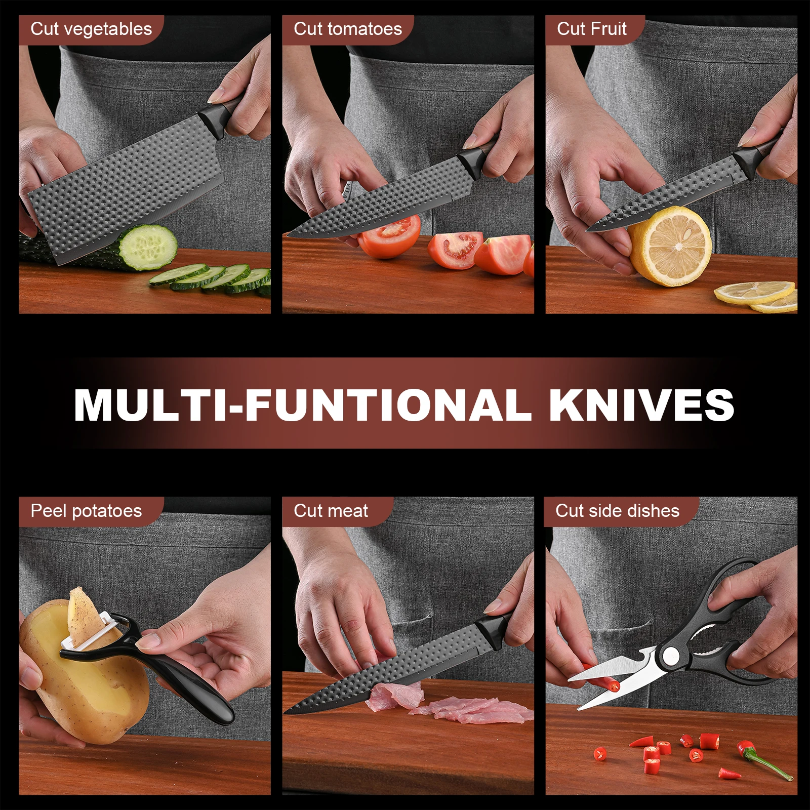 Professional 6-Piece Kitchen Knife Set – High Carbon Stainless Steel Chef, Slicing, Utility, Scraper, and Scissors - Image 3
