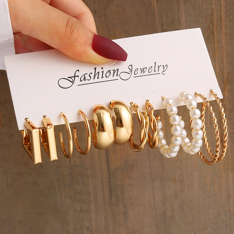 Vintage Gold Pearl Geometric Earrings Set – Heart, Square & Round Dangle Styles - Image 5