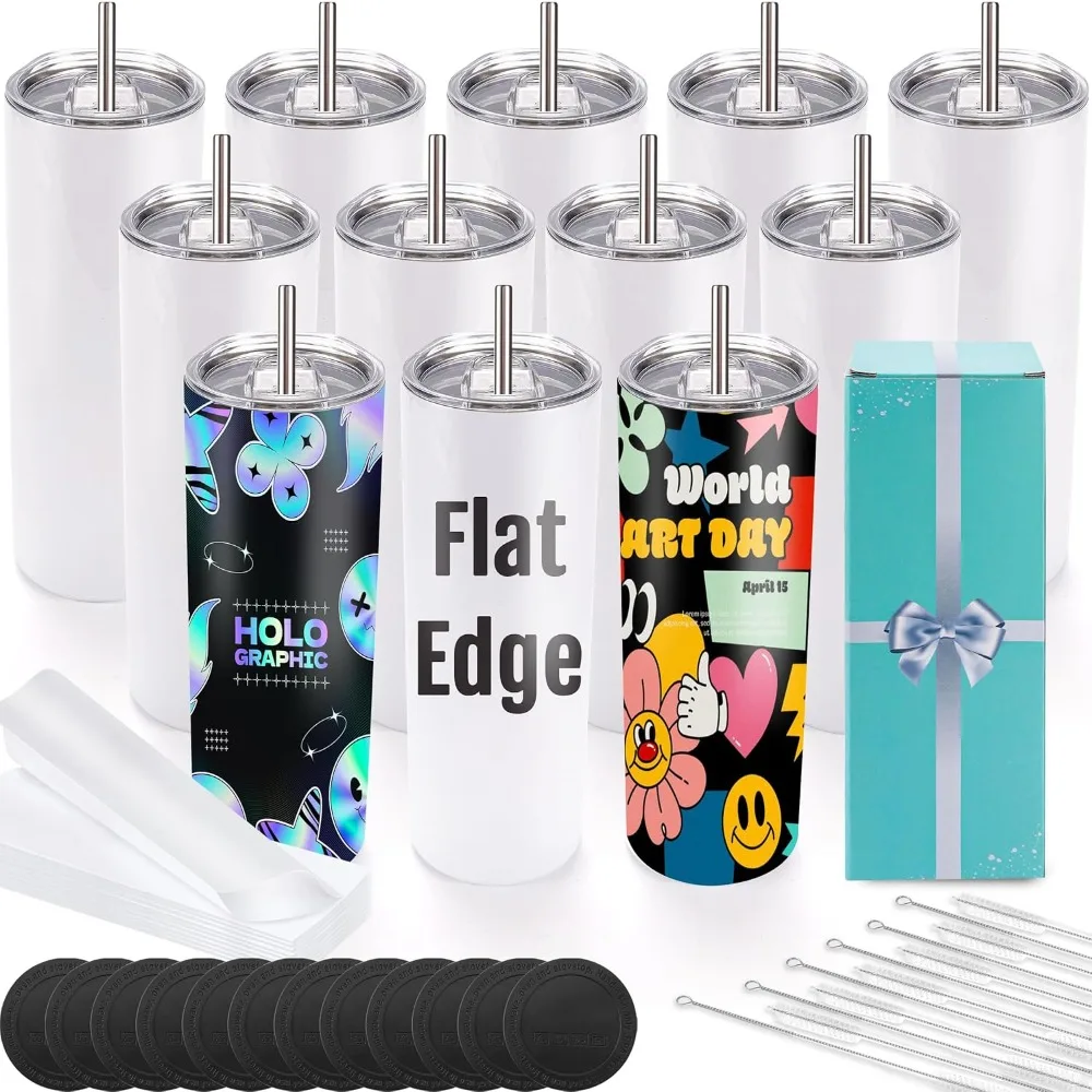 12-Pack 20oz Sublimation Tumblers - Blank Skinny Cups with Lid & Straw