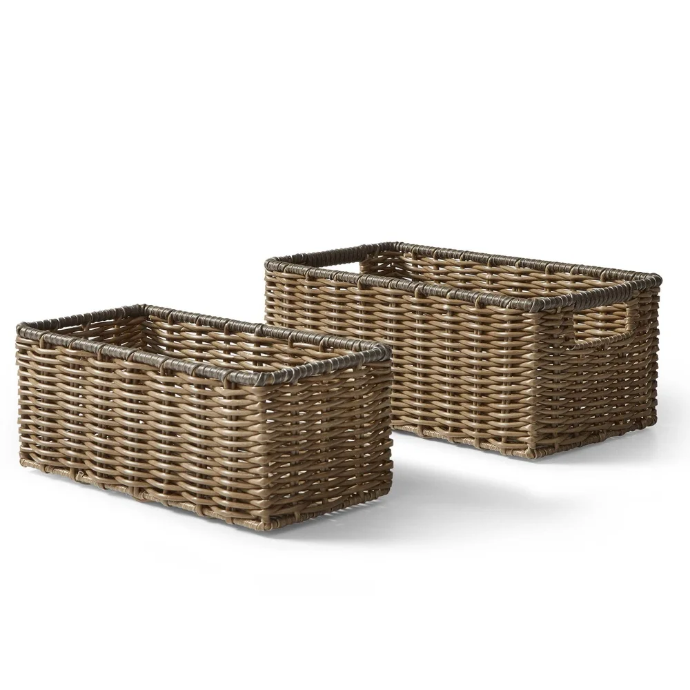 2-Piece Poly Rattan Storage Basket Set with Iron Frame & Cut-Out Handles - Image 2