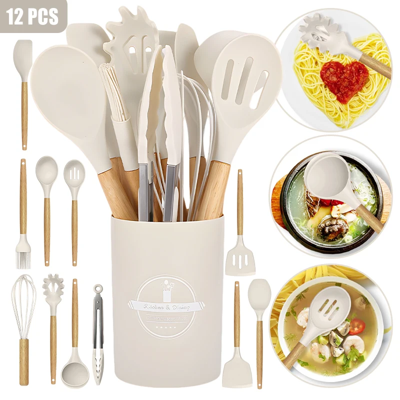 12-Piece Silicone Kitchen Utensils Set – Non-Stick Spatulas, Egg Beaters with Storage Bucket