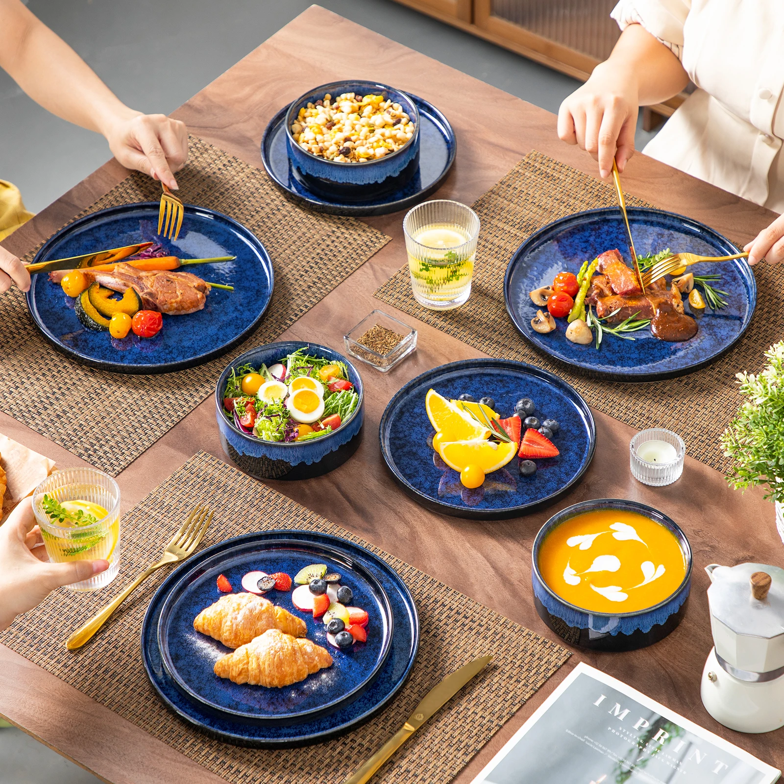 Vancasso 12/24/36-Piece Dinnerware Set - Black & Blue Reactive Glaze with Plates, Bowls & Desserts - Image 6