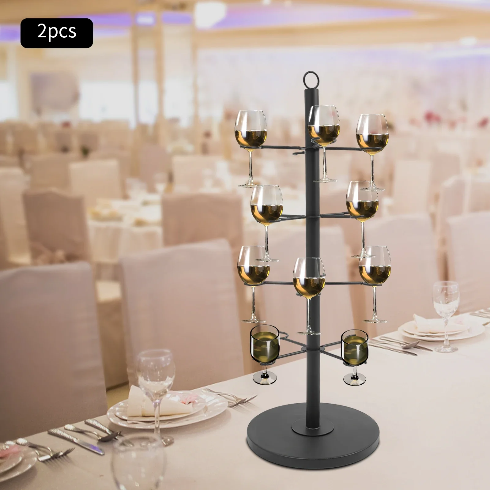 Modern 2-Tier Champagne Stand – Black Steel Wine Glass Holder, 16 Glasses per Tier, Round Base for Tabletop Display - Image 2