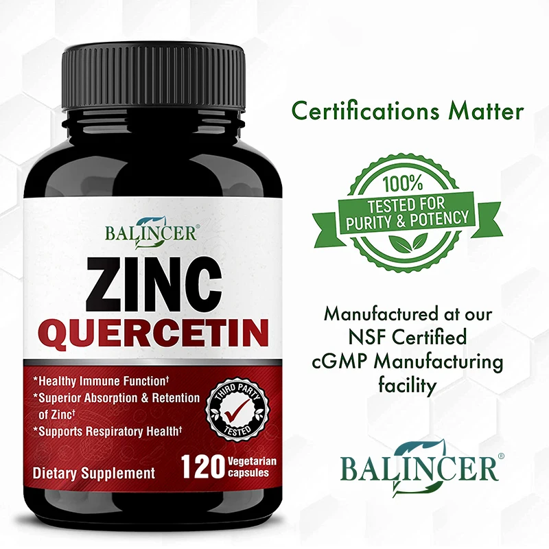 Zinc & Quercetin Supplement - Boosts Immunity, Cardiovascular & Respiratory Health, 120 Capsules